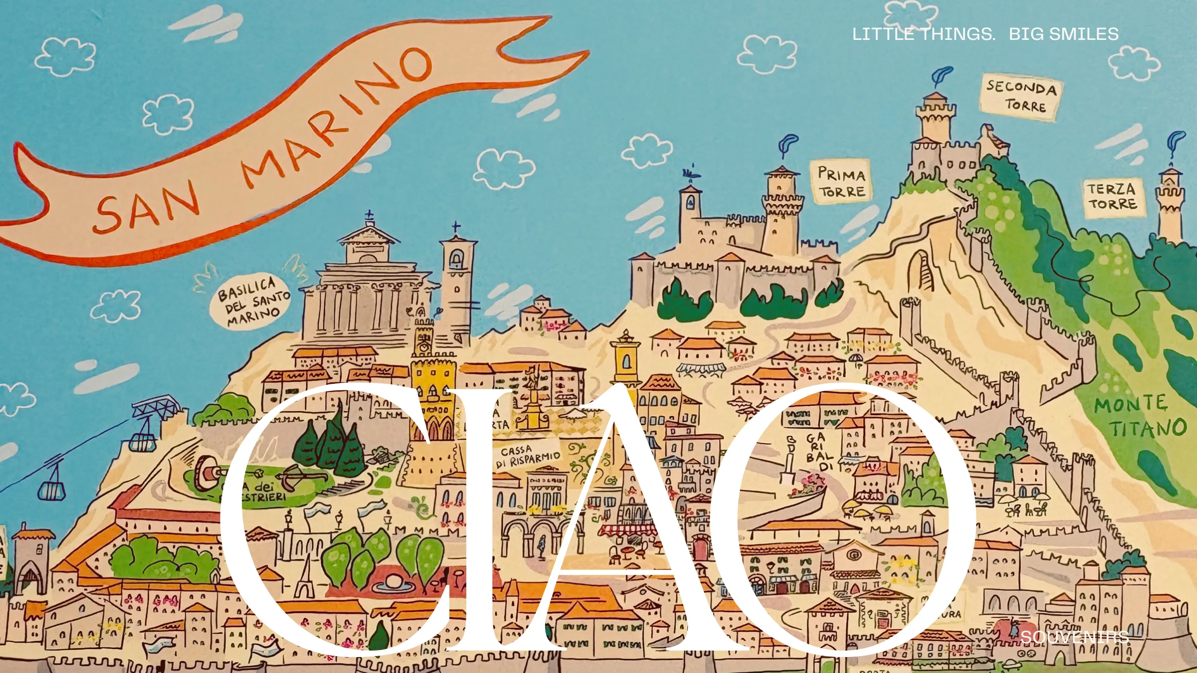 Panorama illustrato di San Marino e logo CIAO Souvenirs