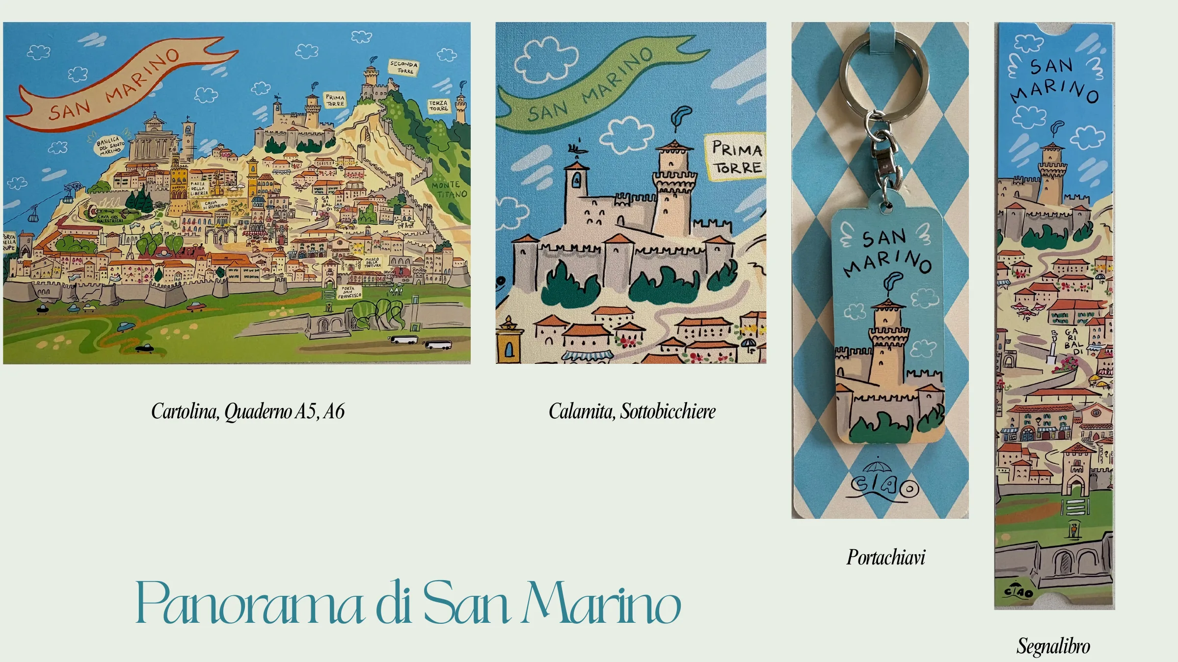 Collezione Panorama di San Marino con cartoline, quaderni, calamita, portachiavi e segnalibro