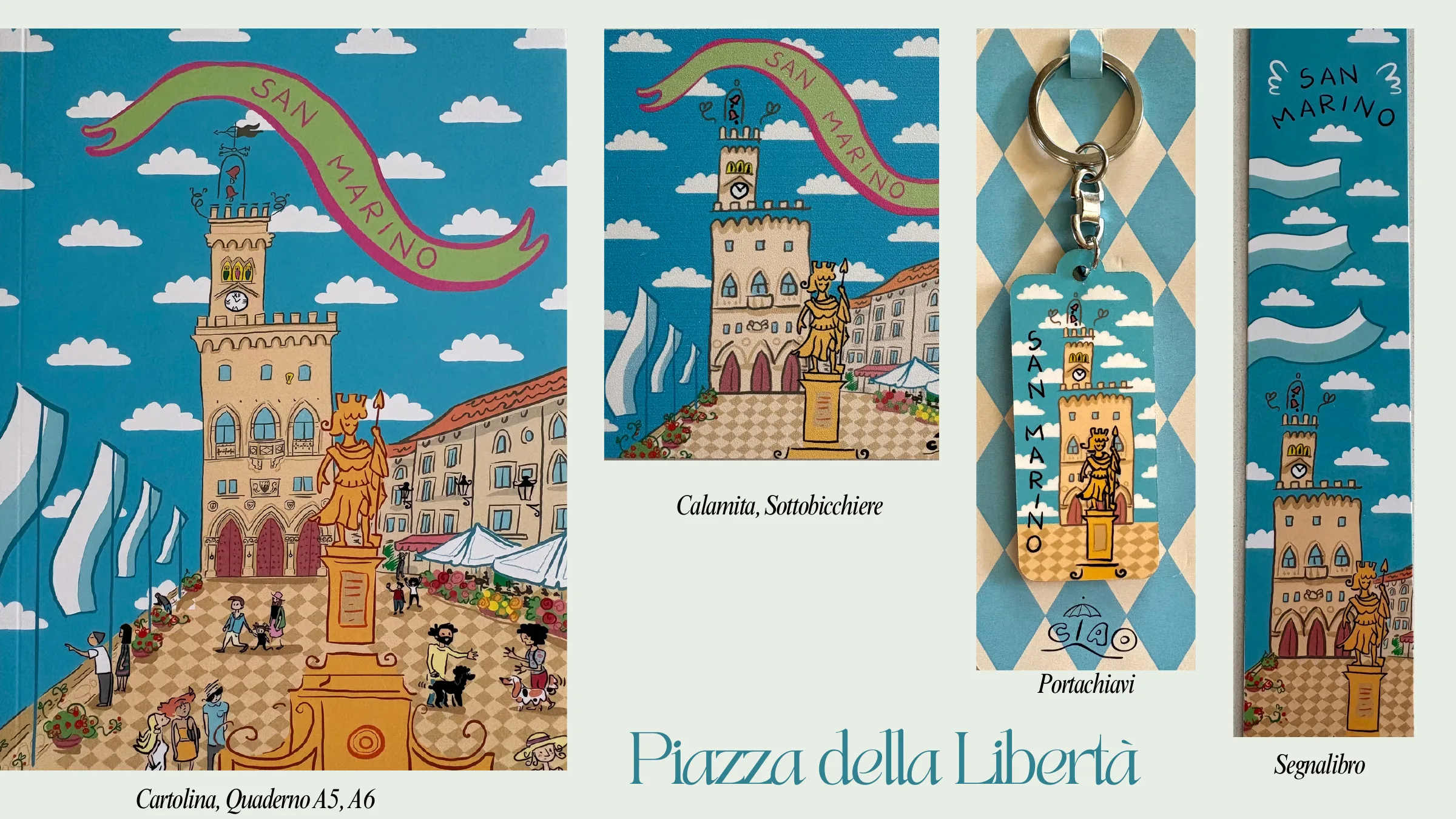 Collezione Piazza della Libertà con quaderni, cartolina, calamita, portachiavi e segnalibro