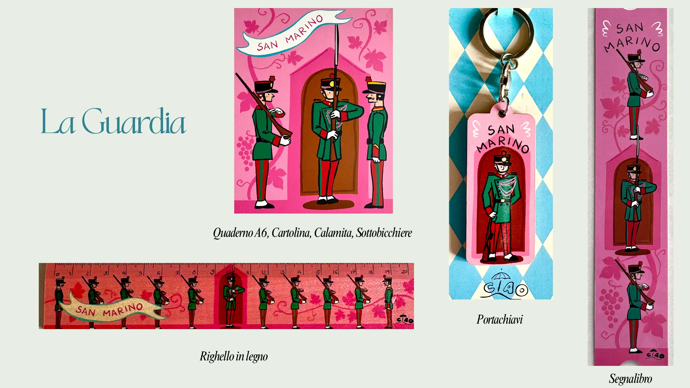 Collezione La Guardia con quaderno, cartolina, calamita, righello, portachiavi e segnalibro