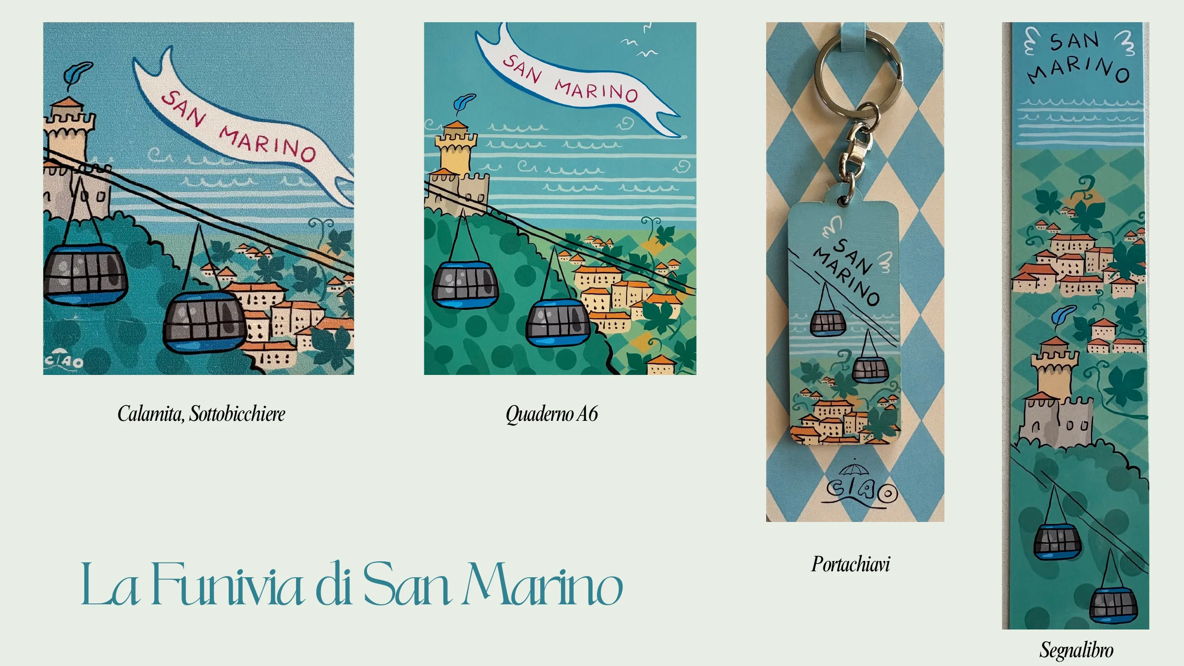 Collezione Funivia di San Marino con quaderno, calamita, portachiavi e segnalibro