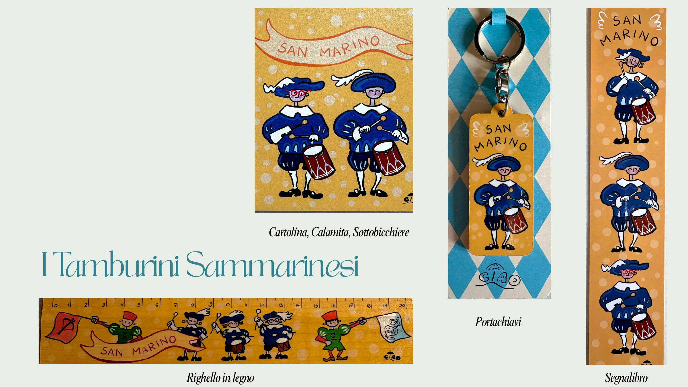 Collezione Tamburini Sammarinesi con cartolina, calamita, righello, portachiavi e segnalibro