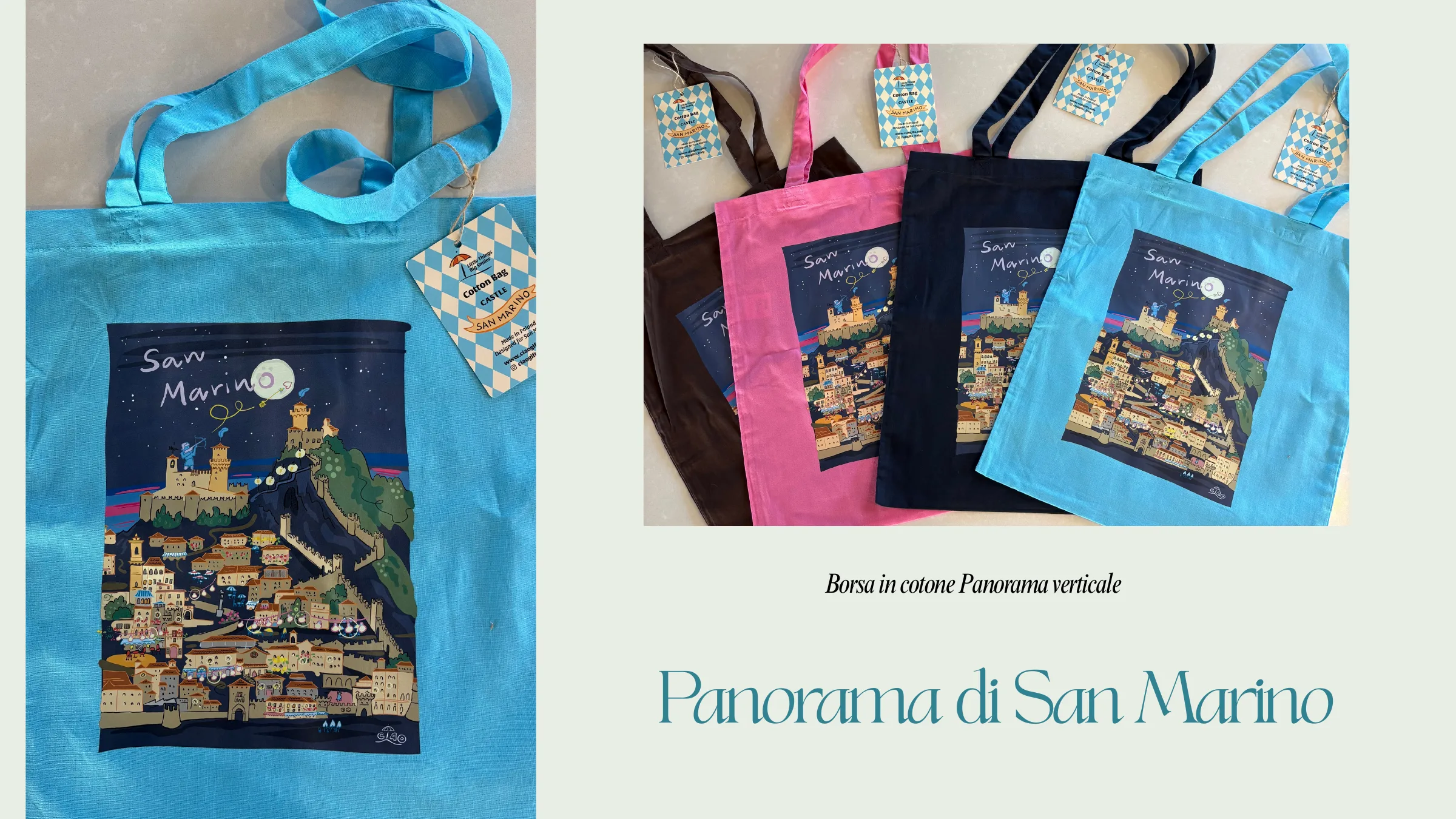 Borse in cotone con panorama verticale notturno di San Marino